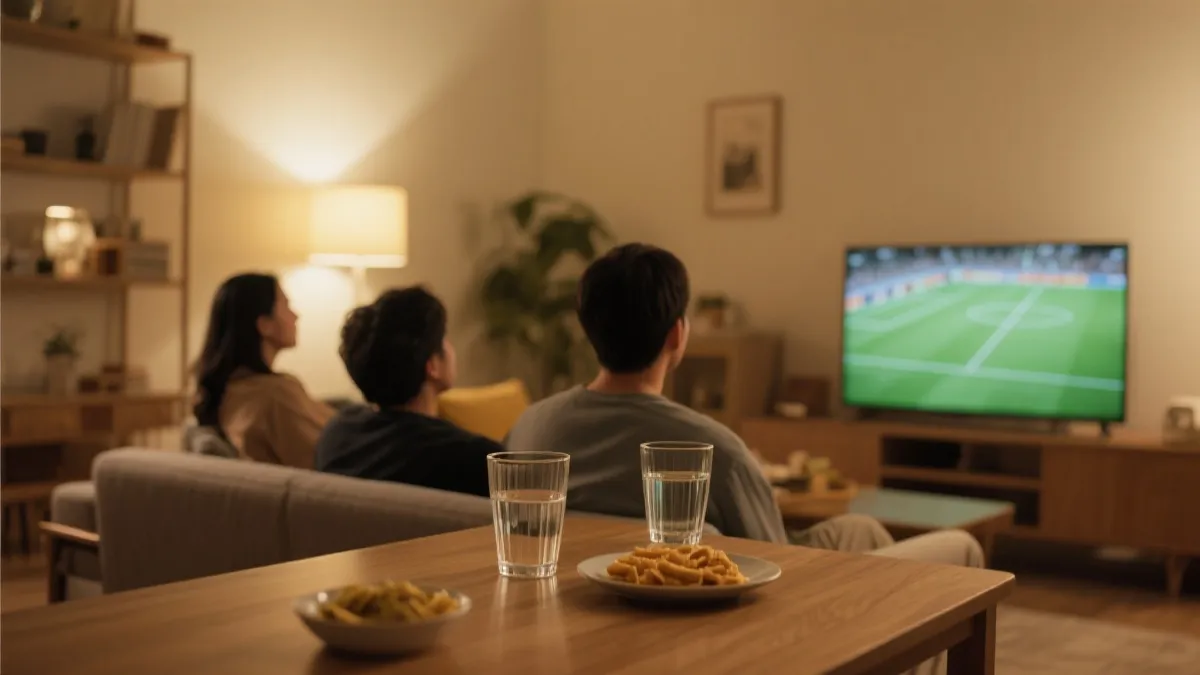 在家客厅观看比赛的人，桌上有水和简餐，氛围温暖克制