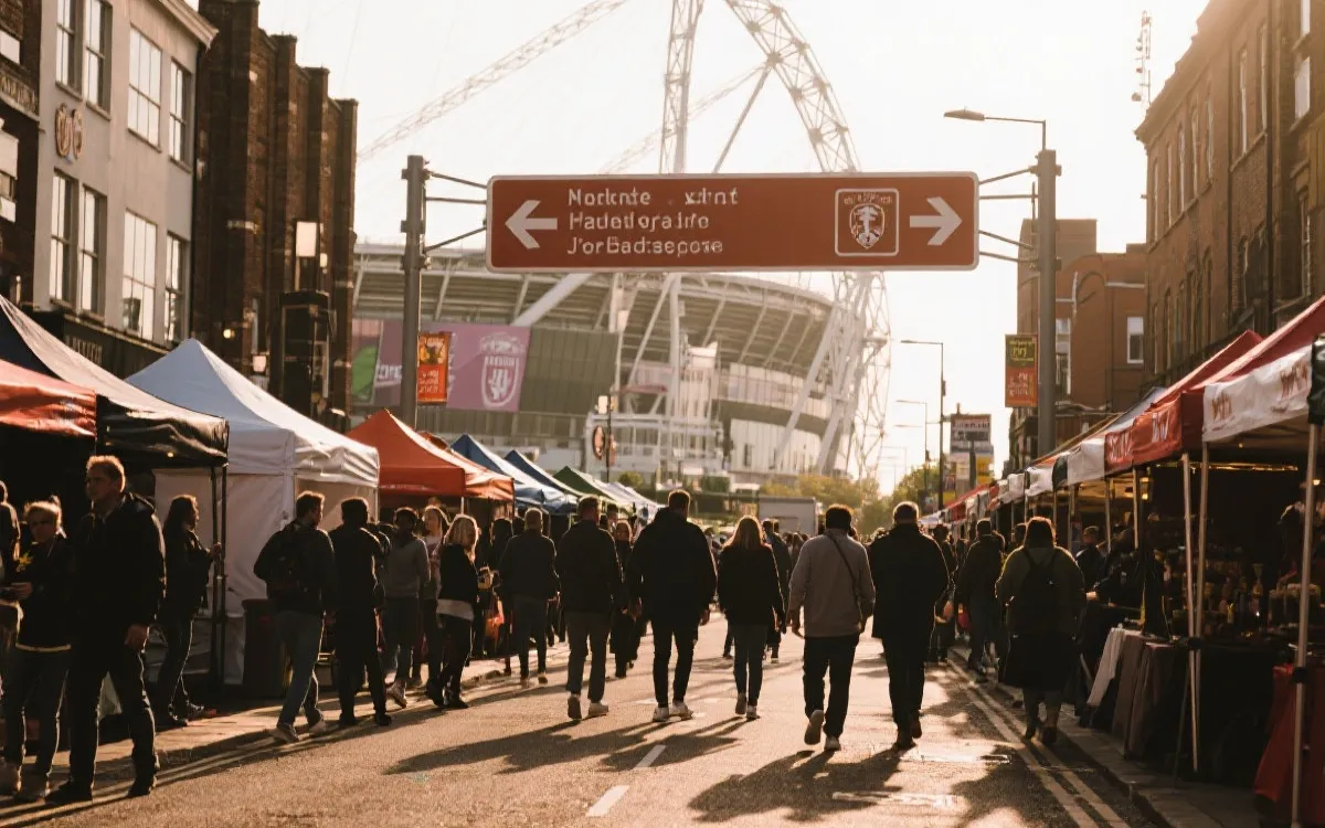 比赛日球场周边步行街与市集场景，游客与家庭人群，城市导视清晰，纪实风