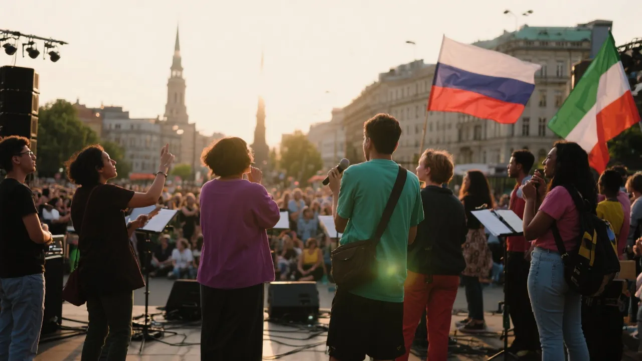 多文化人群在城市广场一起听歌与挥舞旗帜的画面