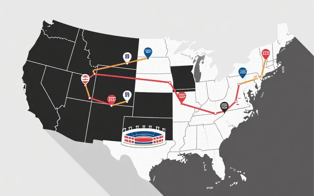 北美多城观赛路线规划：地图连线、交通工具与球场图标
